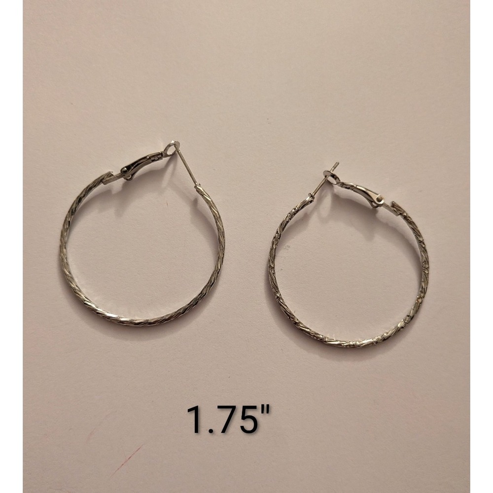 Silver Tone Textured‎ Etched Hoop Earrings Latch Back Medium 1.75 Inch Round